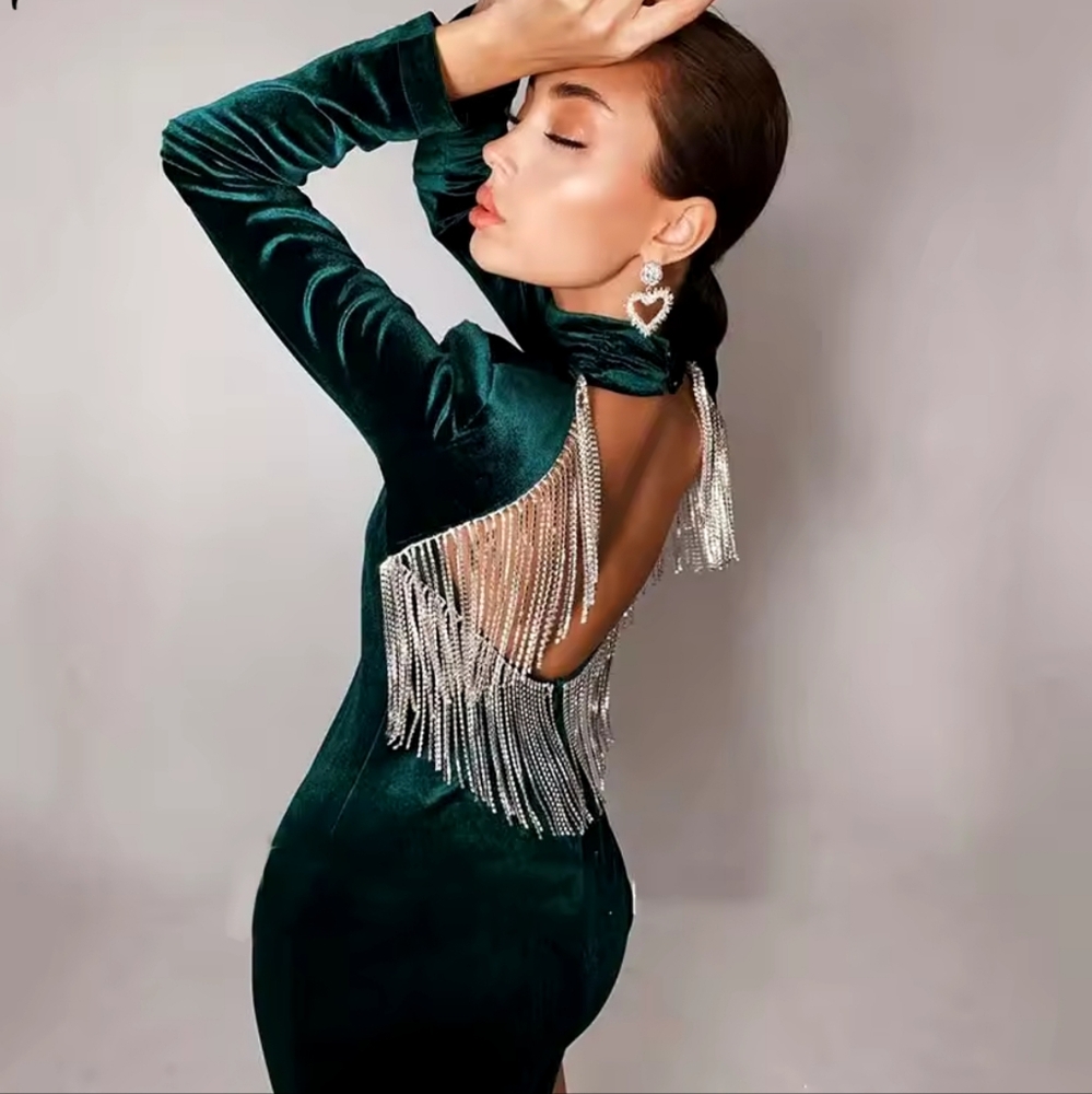 Green Sexy Fashion Backless Diamonds Tassel Rayon Velvet Dress - Picture 1 of 6
